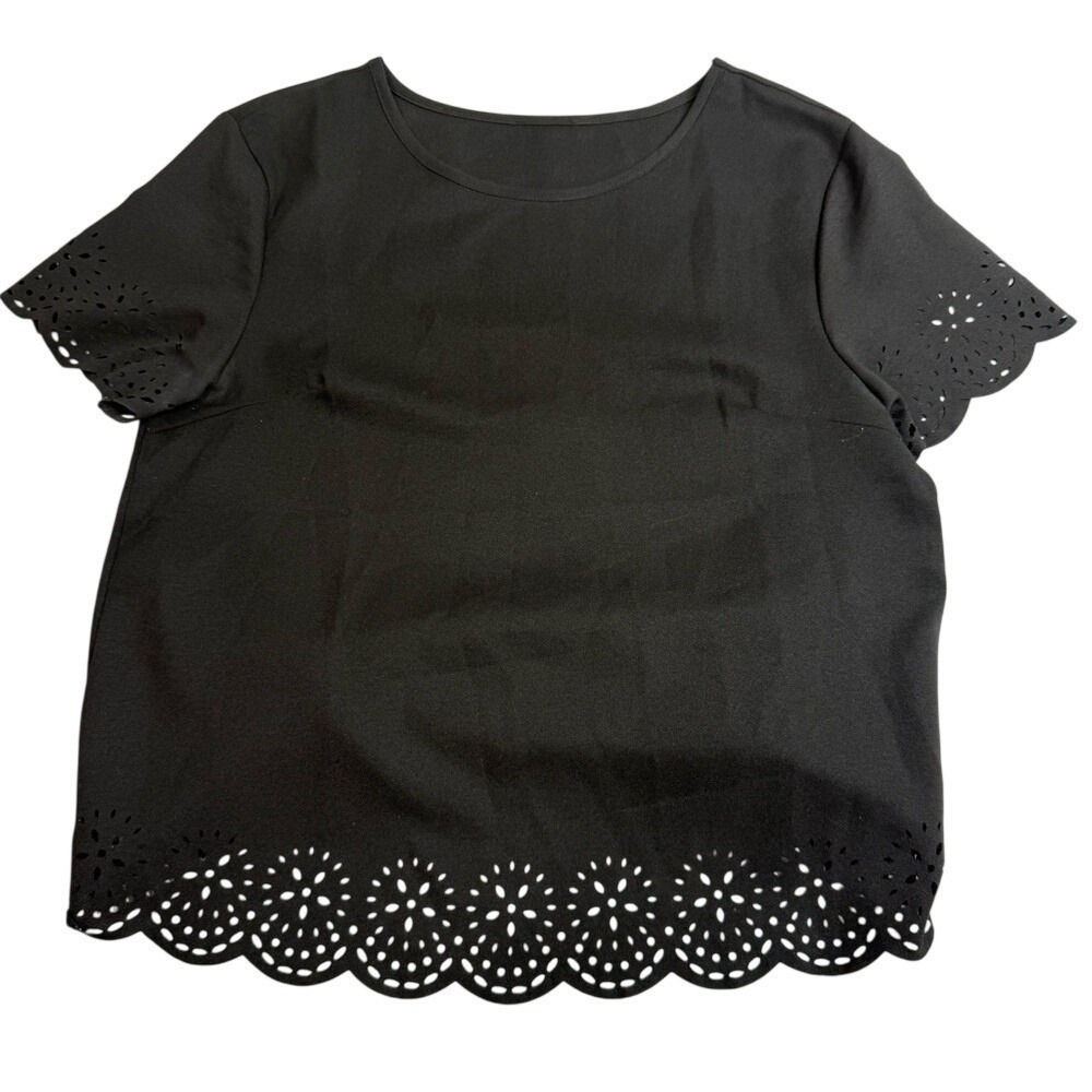 Cottagecore Black Laser Cut Scalloped Eyelet Hem Short Sleeve Blouse Top 5185618